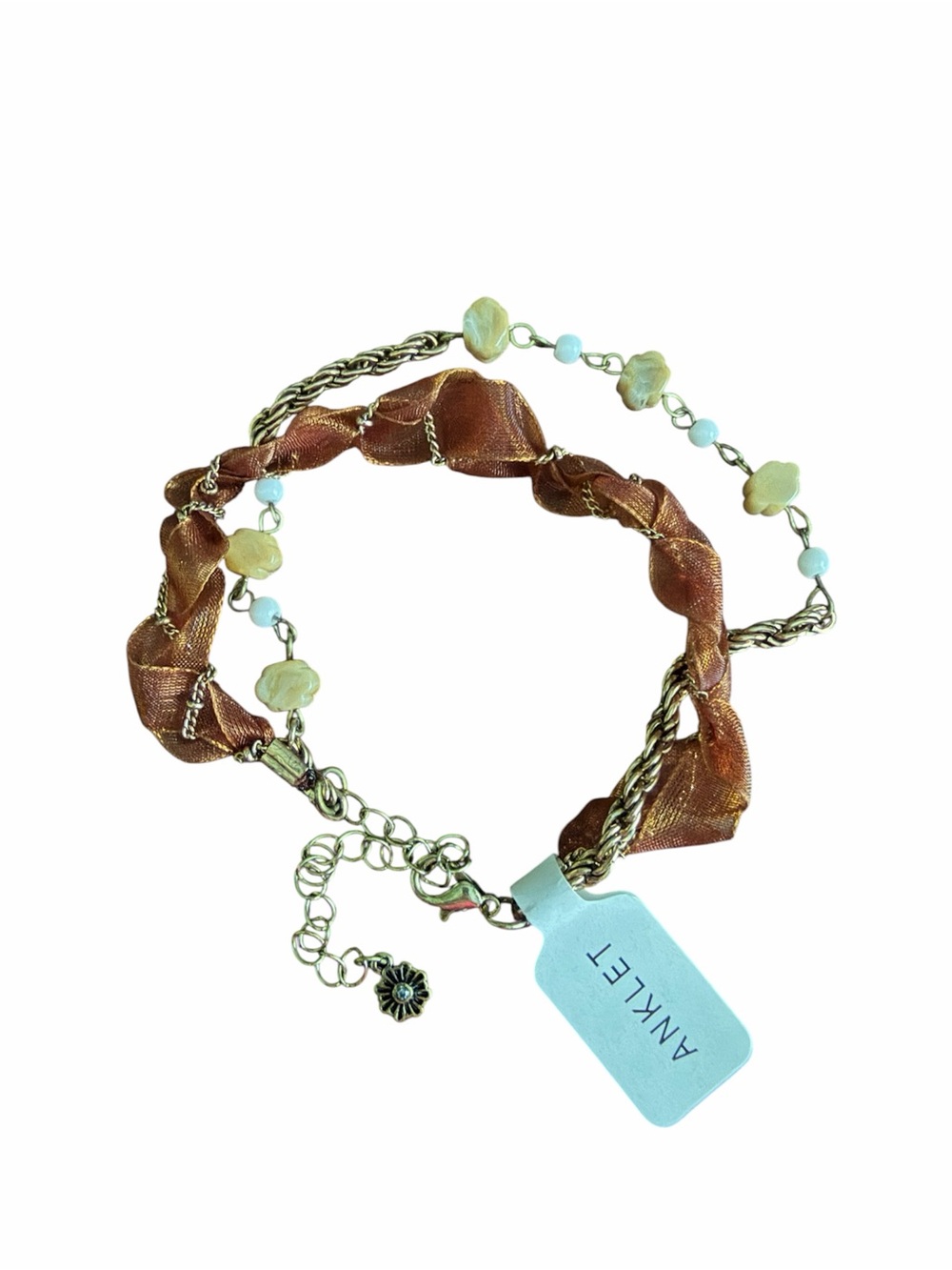 NWT Free People Boho ribbon and chain anklet with beads and charm